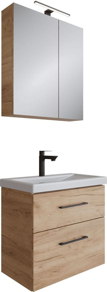 Planetmöbel Badmöbel-Set Waschtisch mit Unterschrank Gold Eiche 63 cm & Spiegelschrank 60 cm mit LED-Leuchte (Schwarz Matt) & Steckdose