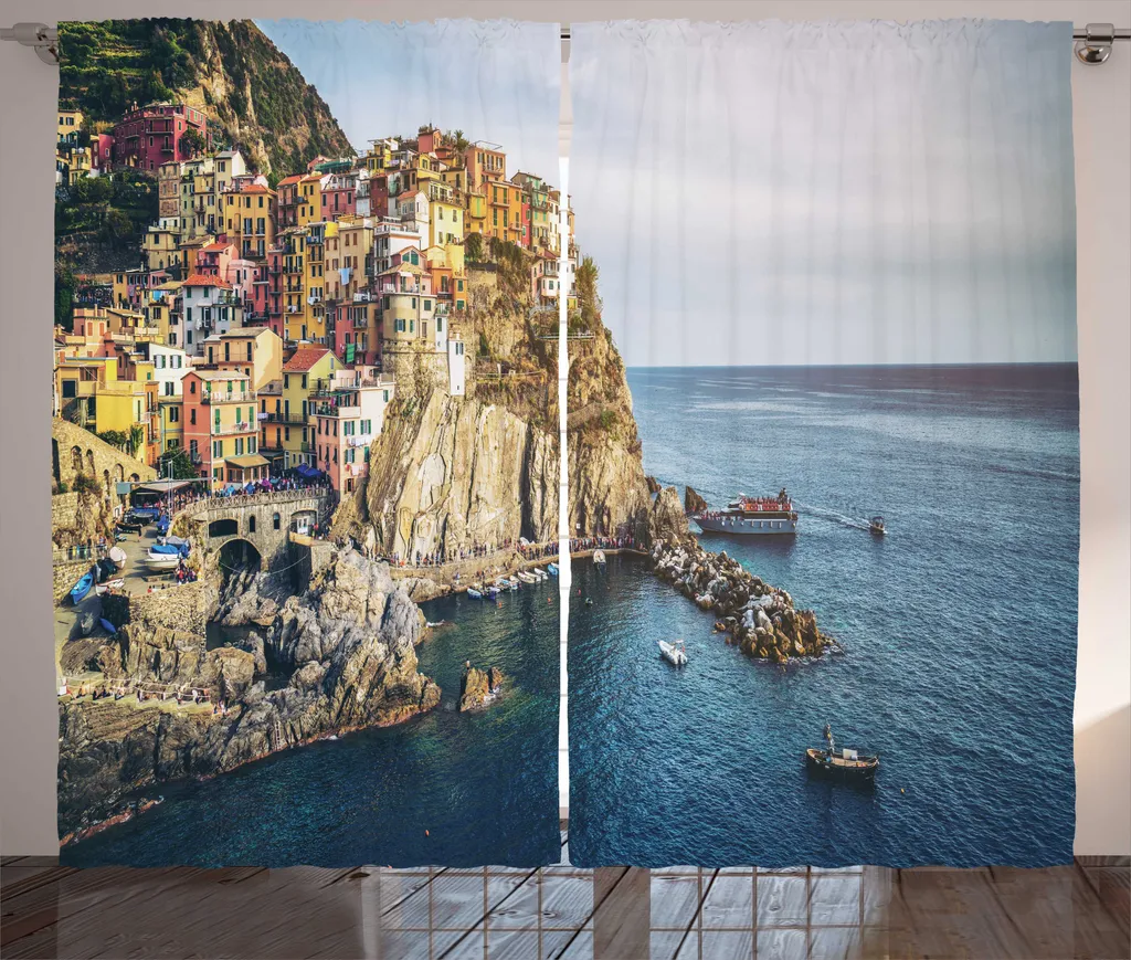 Rideau Rustique Motif Manarola 280x225 cm Fixation Boucles et Crochets