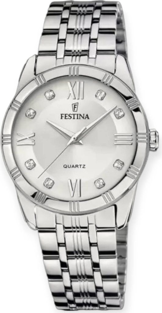 A product shot of a silver Festina women's watch with a white dial and Roman numerals.