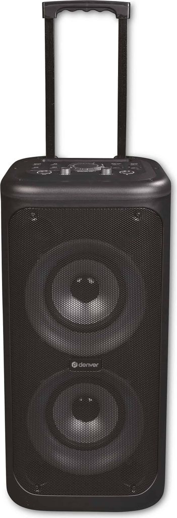 A black trolley speaker with a retractable handle.