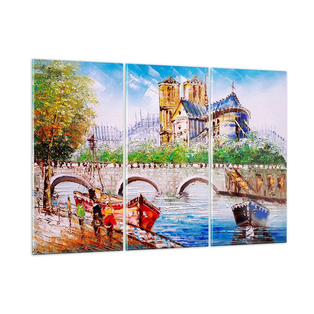 Bilder auf glas - Boot Fluss Brücke Zeichnung - 105x70cm - Glasbilder - Wandbilder - Kunstdruck - zum Aufhängen bereit - Wanddekoration aus Glas ...