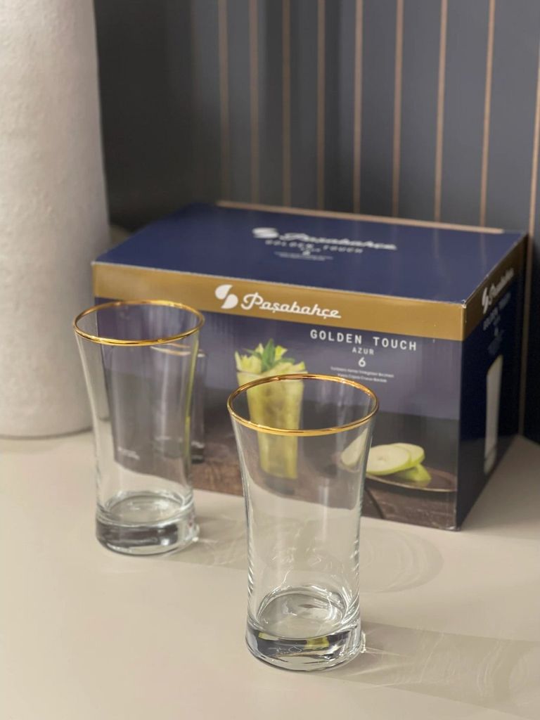 Pasabahce 6-Teilig Iconic Wassergläser Azur Gold Wasser-Gläser Ikonisches Longdrink Glas 300 cc