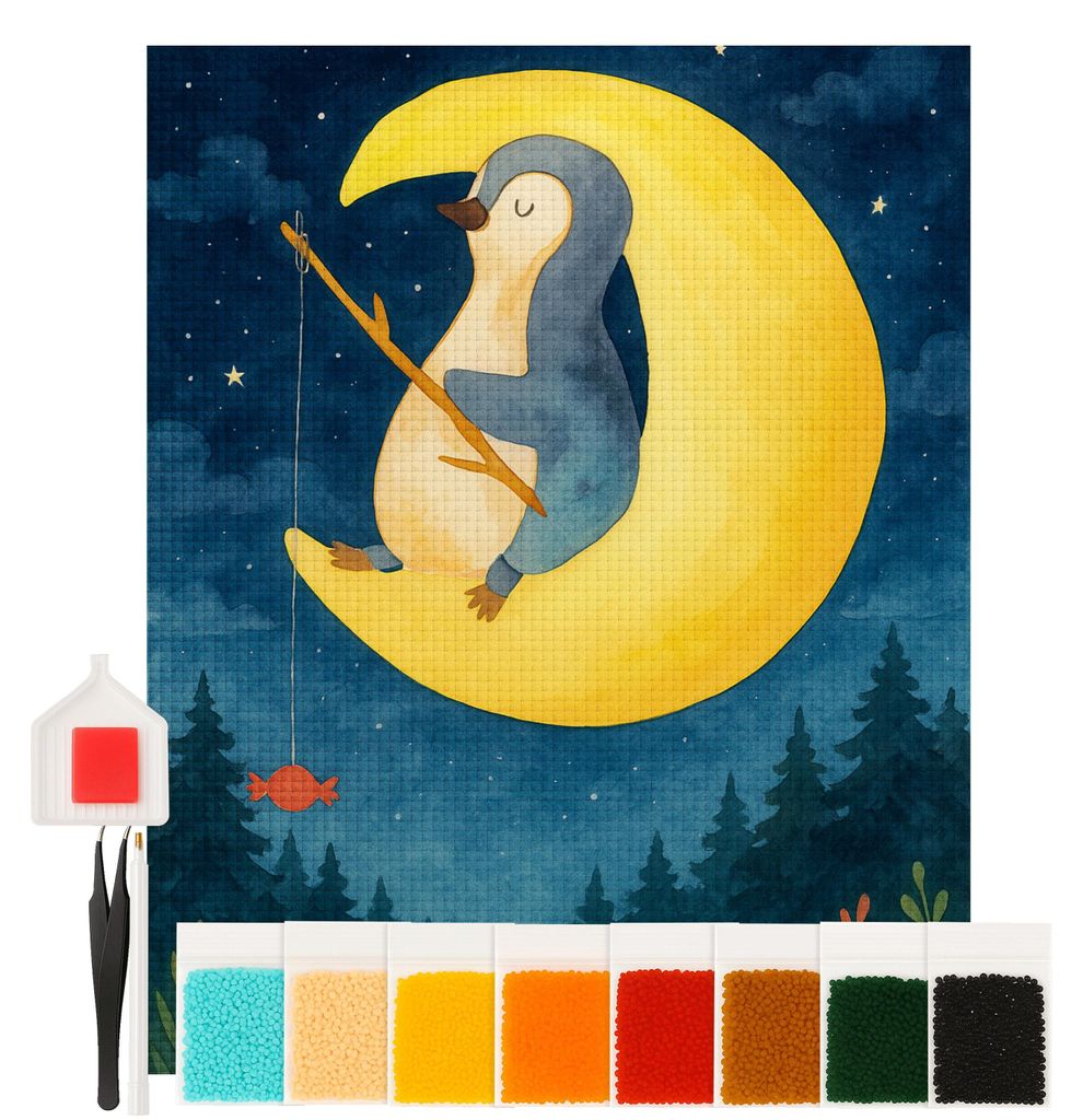 Mr. & Mrs. Panda diamant painting set Pinguin Mond Design 40 x 50 cm Ohne Rahmen - Weiß - Geschenk, bilder, Pinguine, Erschöpft, Müde, Süßigke...