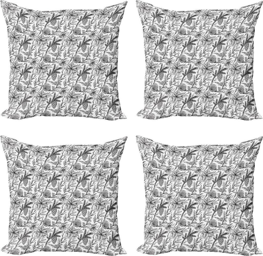 ABAKUHAUS Pine Cone Kissenbezug Set (4 Stück), Mistletoe Dogwood Blumen, Moderner Doppelseitiger Digitaldruck, 50 cm x 50 cm, Schwarz und weiß