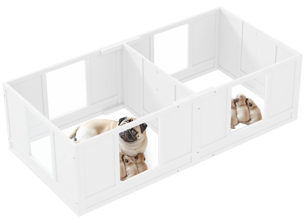 Welpenbox 2-Raum Wurfkiste Kiefernholz MDF Acrylpaneele verstellbarer Eingang für kleine Hunde 164 x 80 x 48 cm