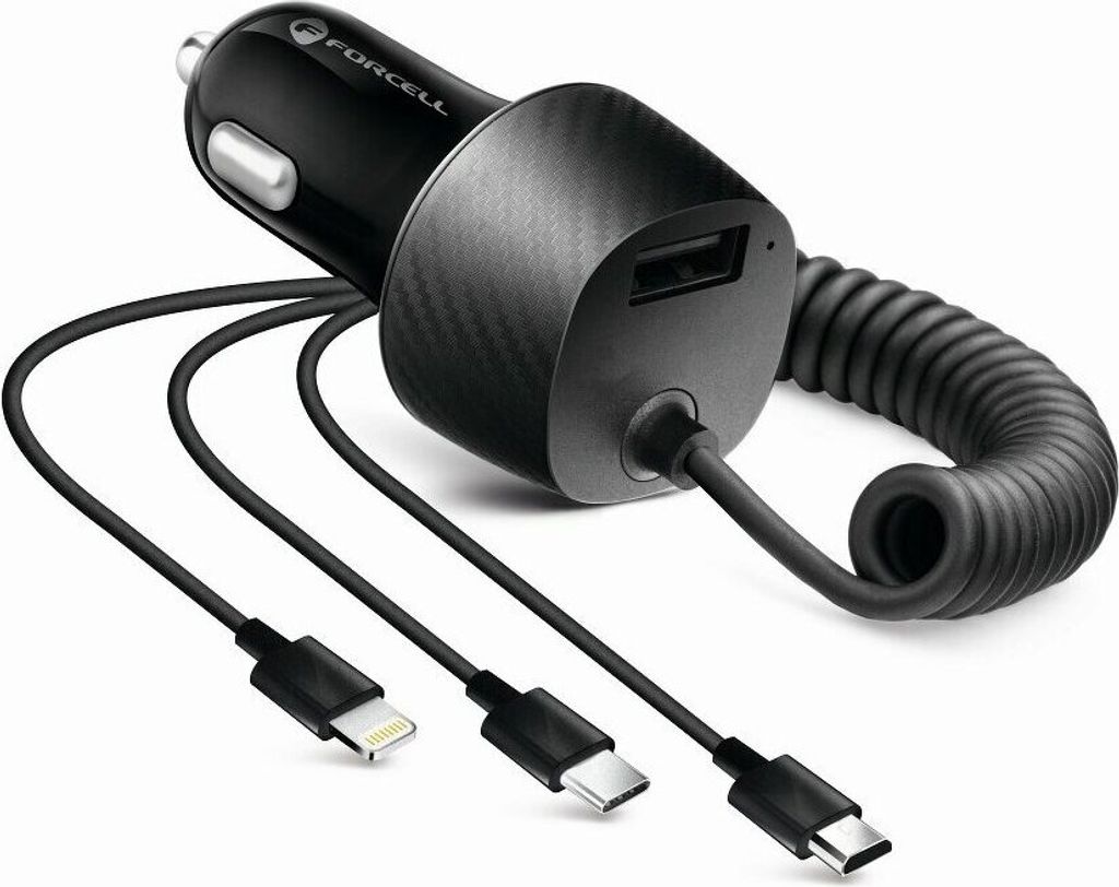 Forcell Universal 3in1 KFZ 3,4A USB Charger Typ-C Micro-USB iOS Auto-Ladegerät mit USB Port Ladegerät Fast Charge Zigarettenanzünder für Smartp...