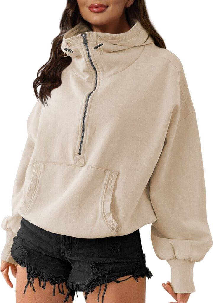 ASKSA Damen Kapuzenpullover Langarm Casual Einfarbig Hoodie Pullover Sweatshirt Oberteil mit Reissverschluss, Aprikose, M