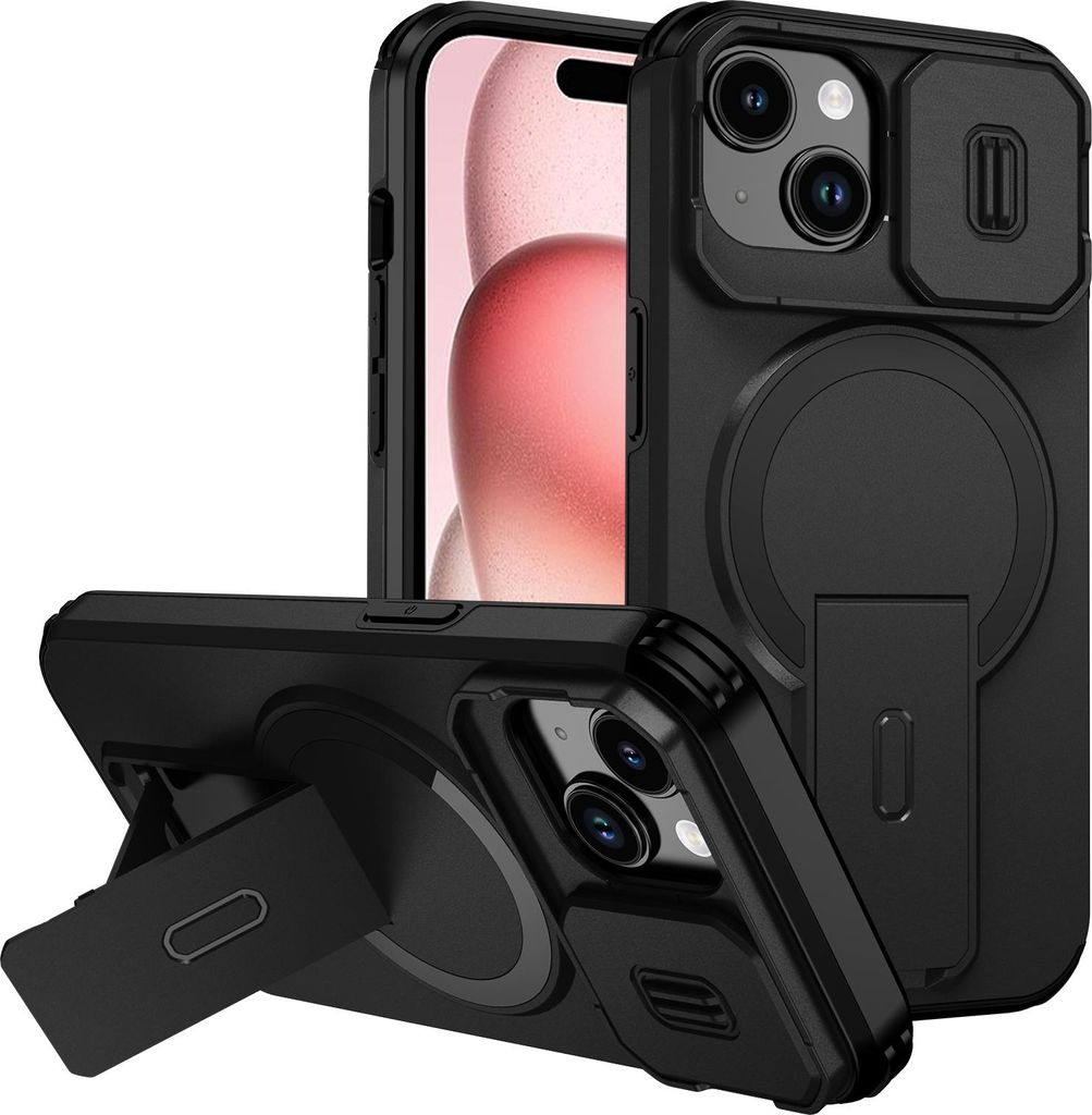 A black iPhone case with a magnetic ring and a kickstand is shown from multiple angles.