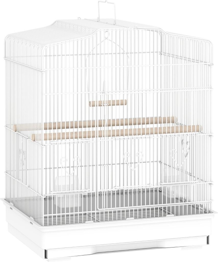 Vogelkäfig im Vintage-Design für kleine Vogelarten inkl. Zubehör 46,5 x 36 x 59 cm Stahl, Holz, Weiß+Natur