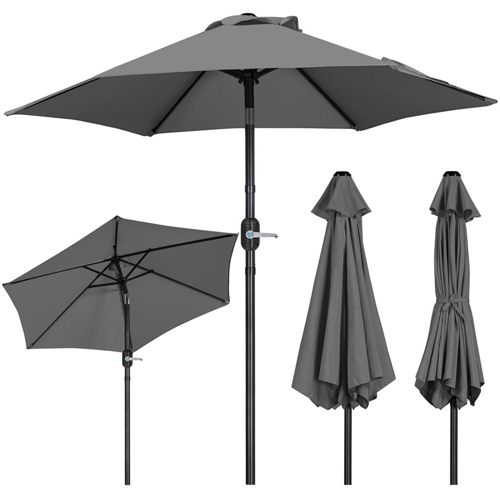 Multiple views of a gray patio umbrella, including one open and two closed.