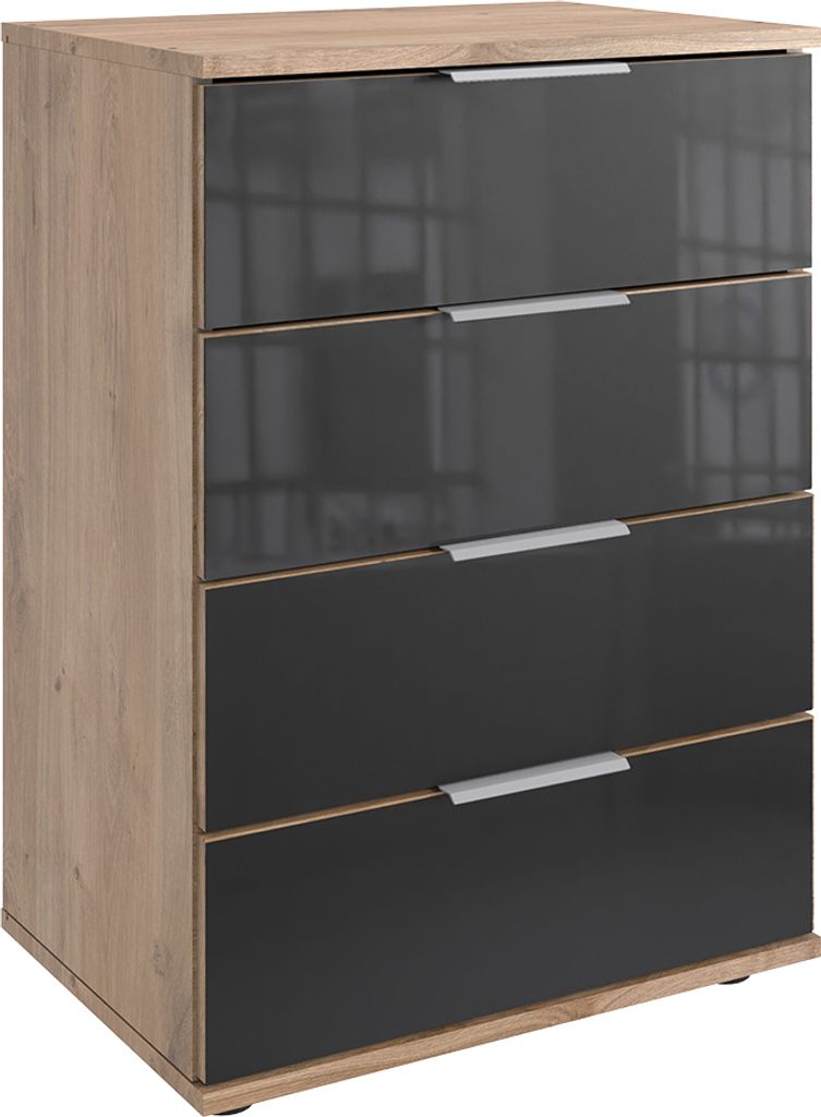 Nachtschrank 74cm hoch, Eiche und graphit mit grauem Glas, ideal für Boxspringbetten, STRATFORD-43