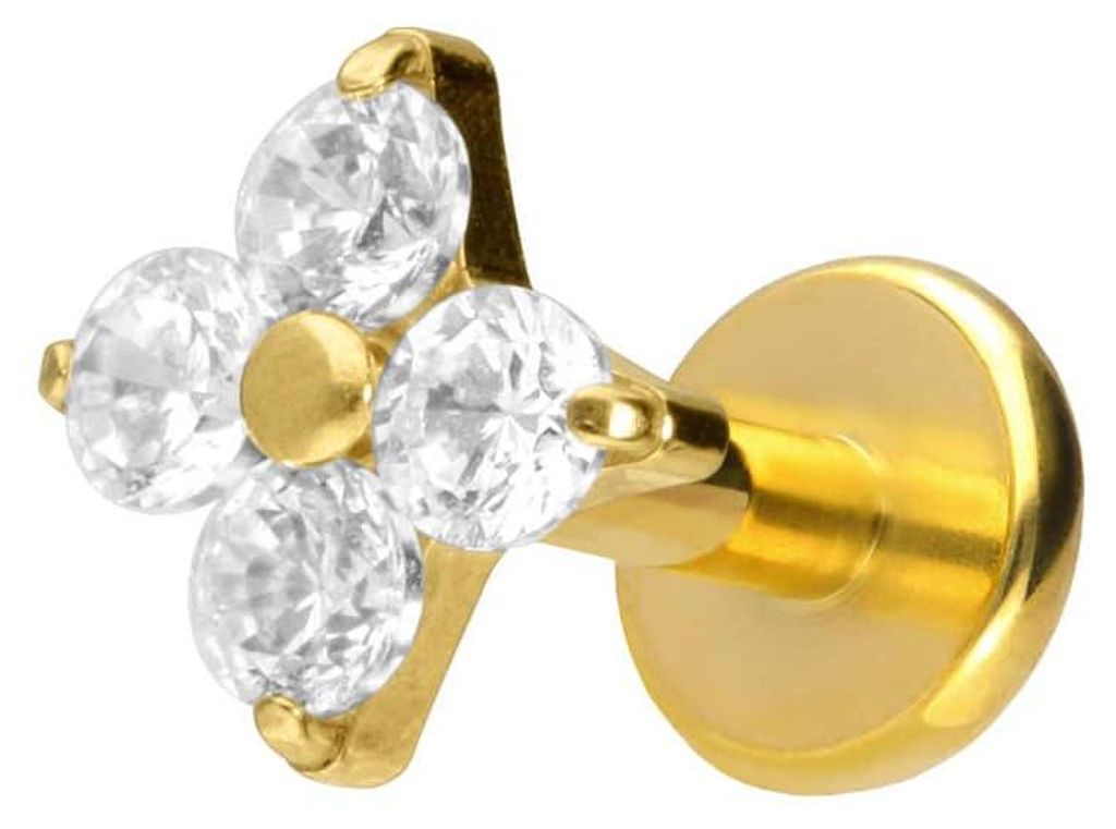 Ohrpiercing, Nasenpiercing Titan Labret mit Push Fit KRISTALLBLUME Gold Stablänge: 5mm | Stabstärke: 1,2mm