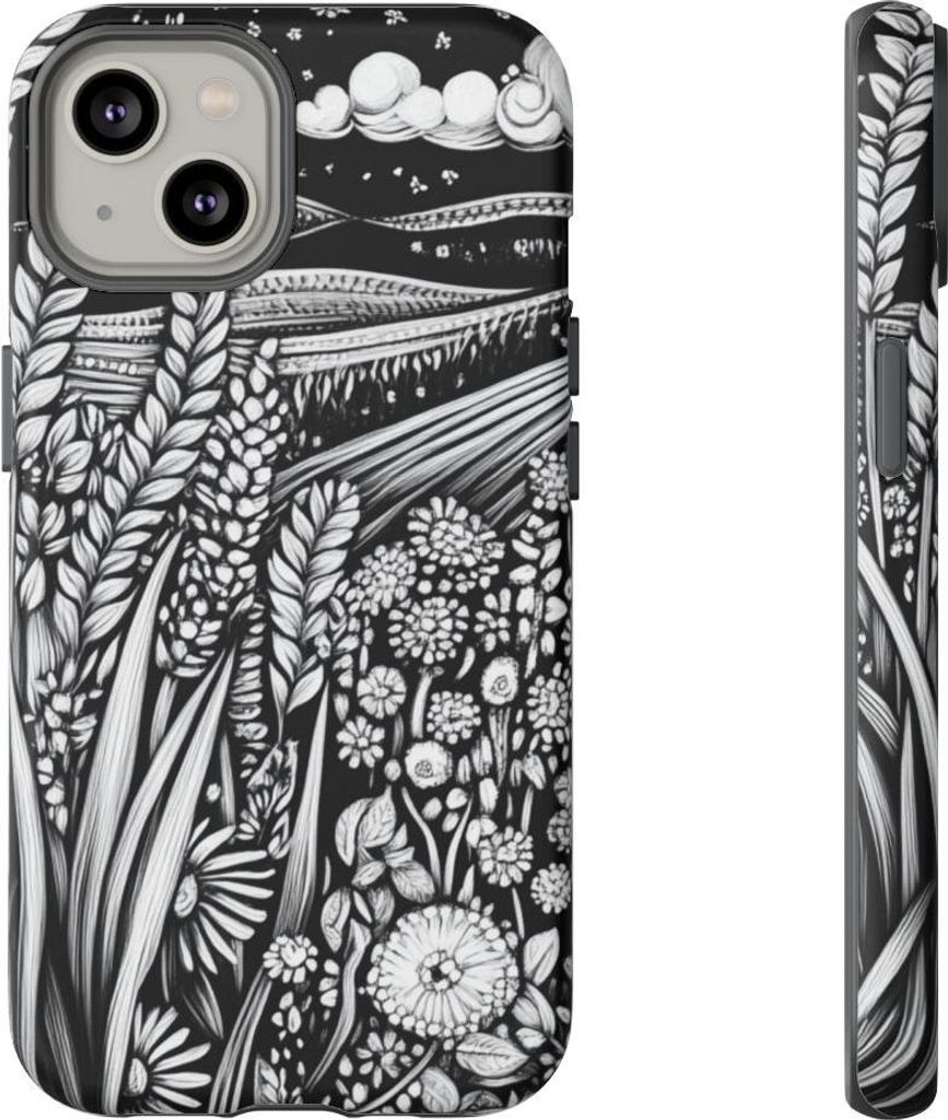 Schwarz-weißes Folklore-Motiv mit Weizen und Blumen – Hülle Kompatibel mit iPhone 14