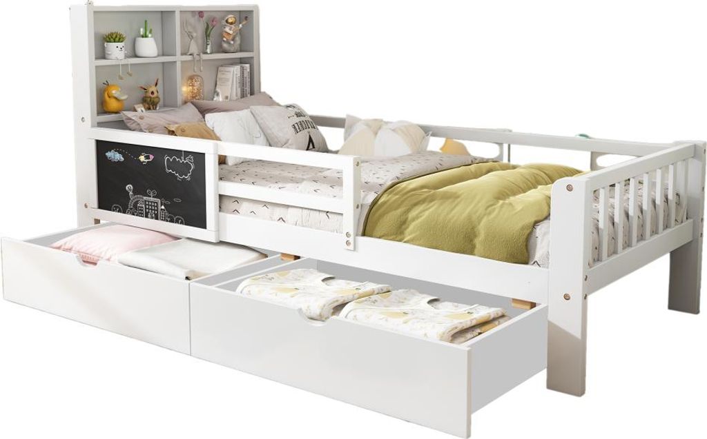 AIORBER Kinderbett 90x200 multifunktional mit Schubladen Tafel Stauraum ohne Matratze Massivholz Lattenrost Kinderzimmer Bett Weiß