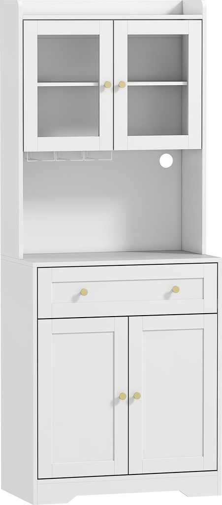 Küchenschrank mit Arbeitsfläche, Weinglashalter, Vorratsschrank für Küche, Esszimmer, 170 cm, MDF, Glas, Weiß