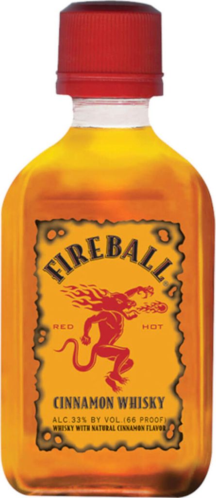 A miniature bottle of Fireball Cinnamon Whisky.