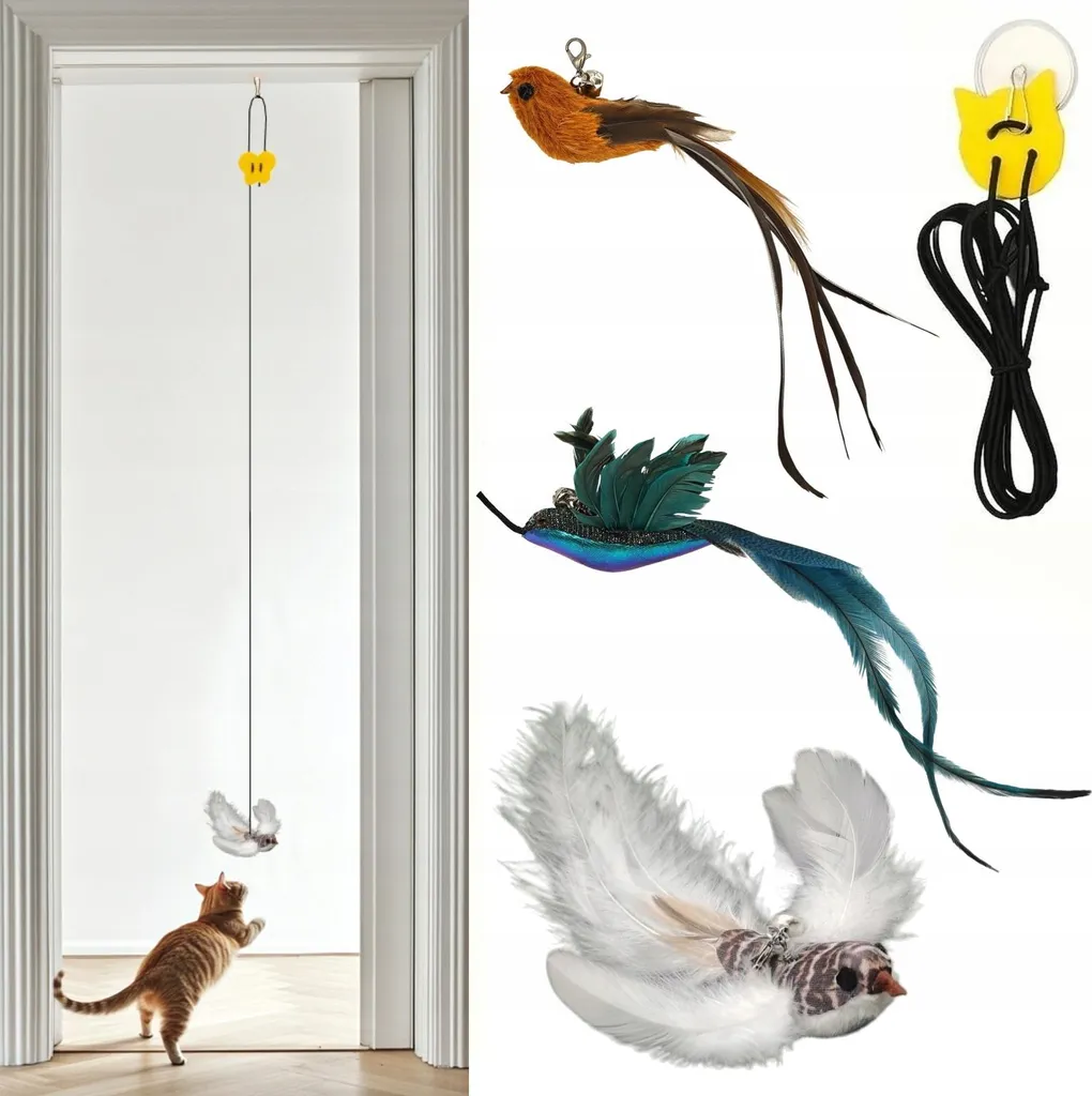 Set 3x Giocattolo Gatto Uccello con Campanello ed Elastico Regolabile