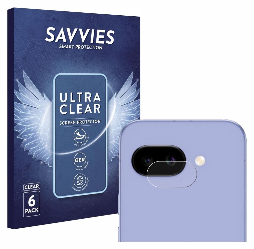 A product shot showing packaging for screen protectors and a close-up of a phone camera with a protector applied.