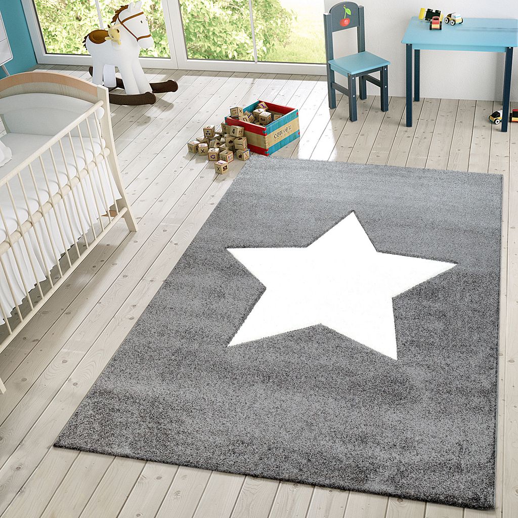 TT Home Kinderteppich Kinderzimmer Modern 3D Stern Spielteppich In Grau Weiß Größe 80x150 cm