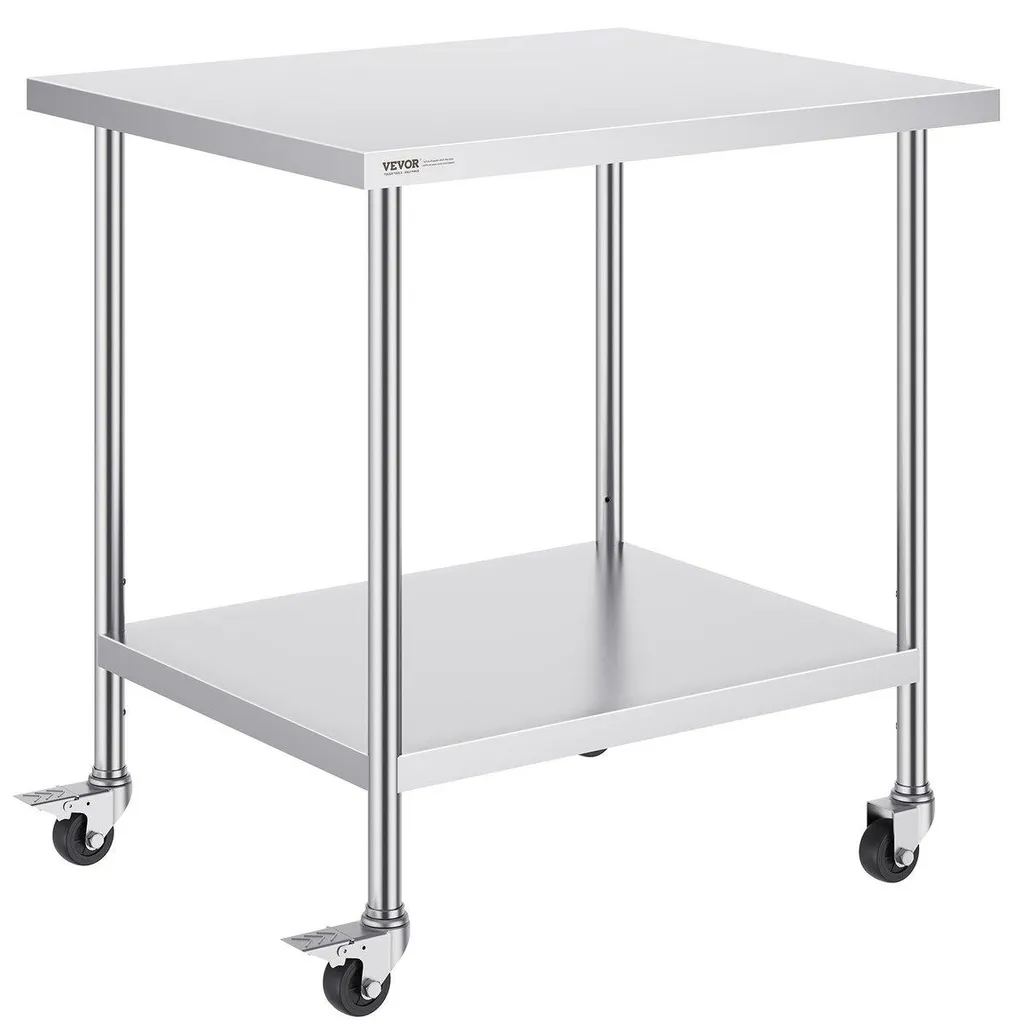 Table inox mobile 76x46 cm avec plateau renforcé et roulettes à freins