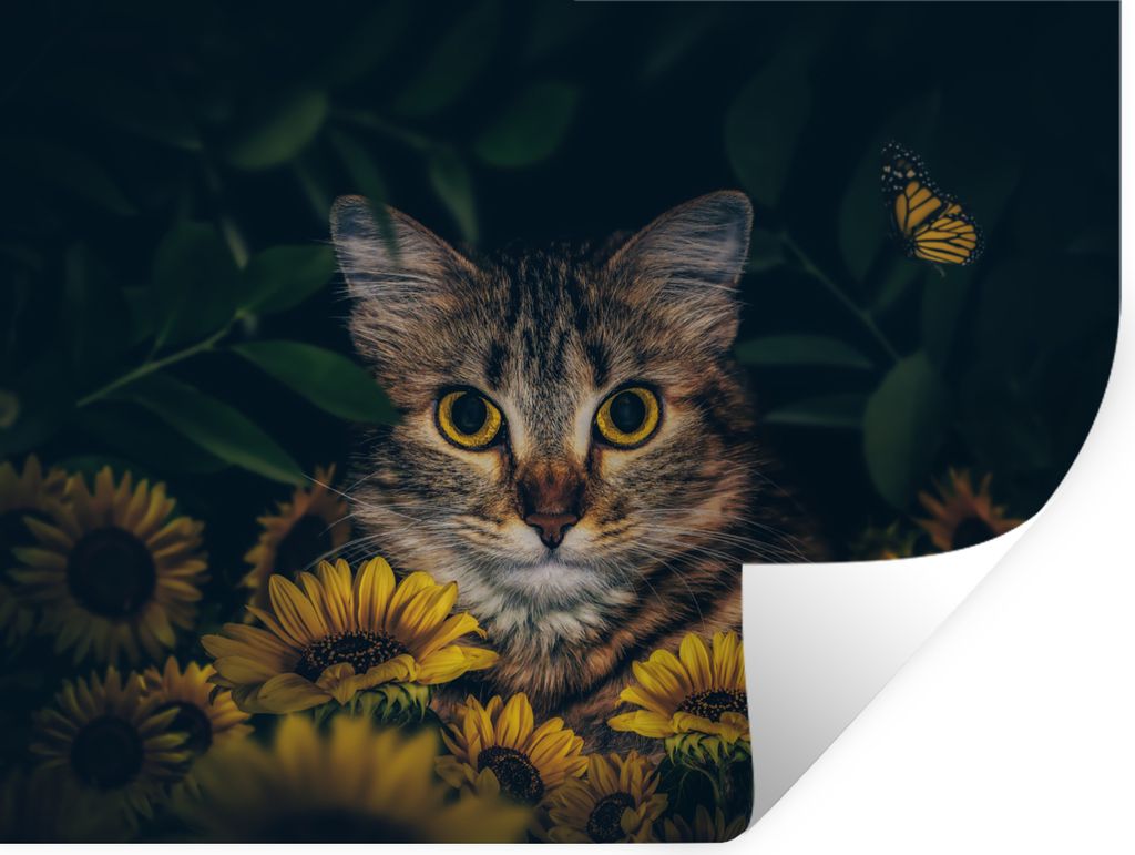 MuchoWow Wandtattoo Wandsticker Wandaufkleber Katze - Gelb - Blumen - Botanisch 120x90 cm Selbstklebend und Repositionierbar - Aufkleber