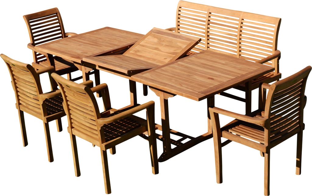 ALEOS. Teak Set: Gartengarnitur SABA Ausziehtisch 150-210 cm x 90 cm + 4 Alpen Sessel + 1 Bank 150cm Serie JAV