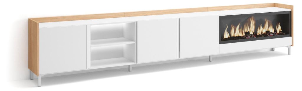 TV-Möbel Holzeffekt weiß und eiche 315x35x61cm Kamin mit Feuereffekt