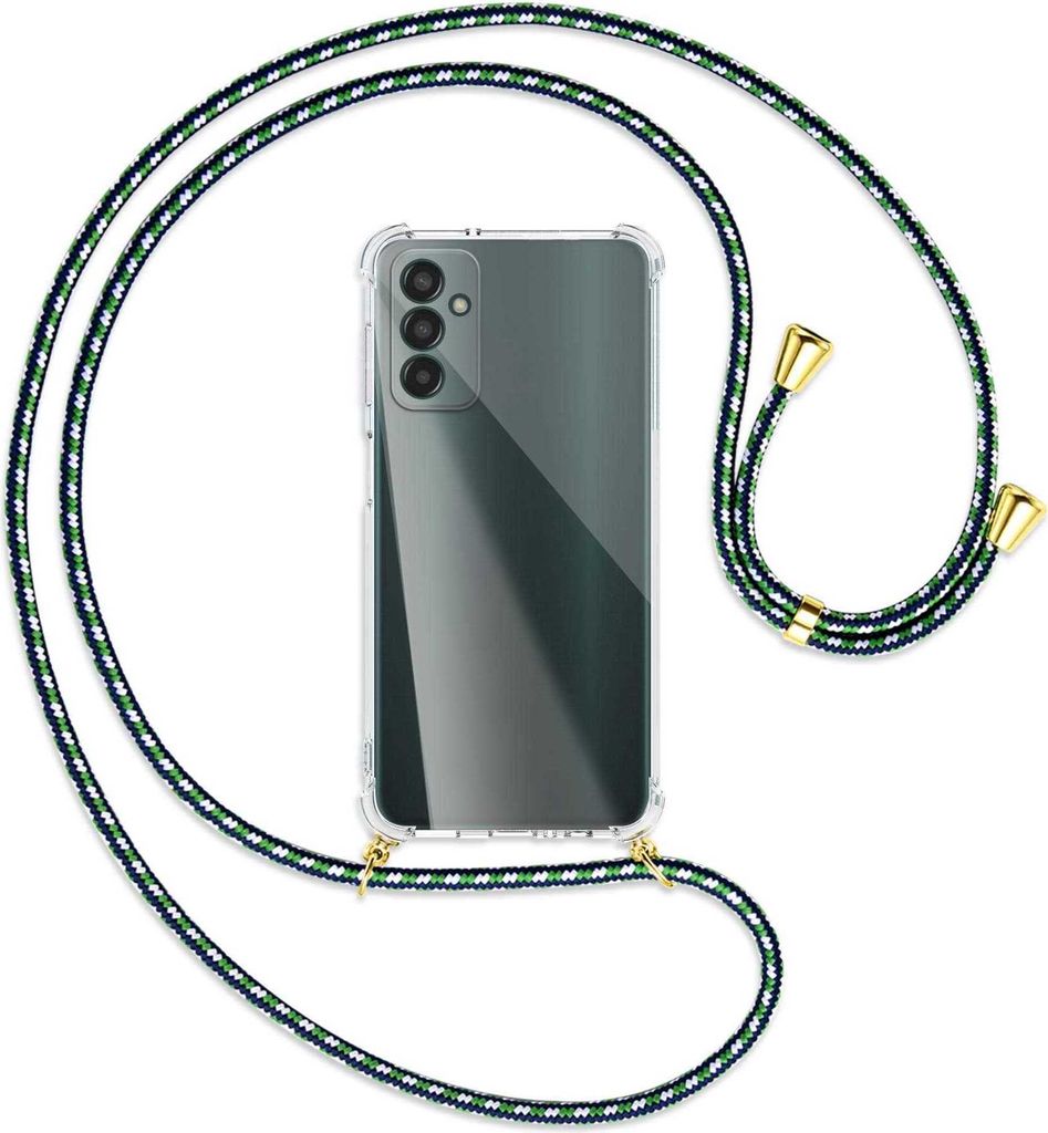 Handykette Backcover-Schutzhülle mit Band (Metall goldfarben) für Samsung Galaxy M13 4G (SM-M135) - grün/blau/weiß