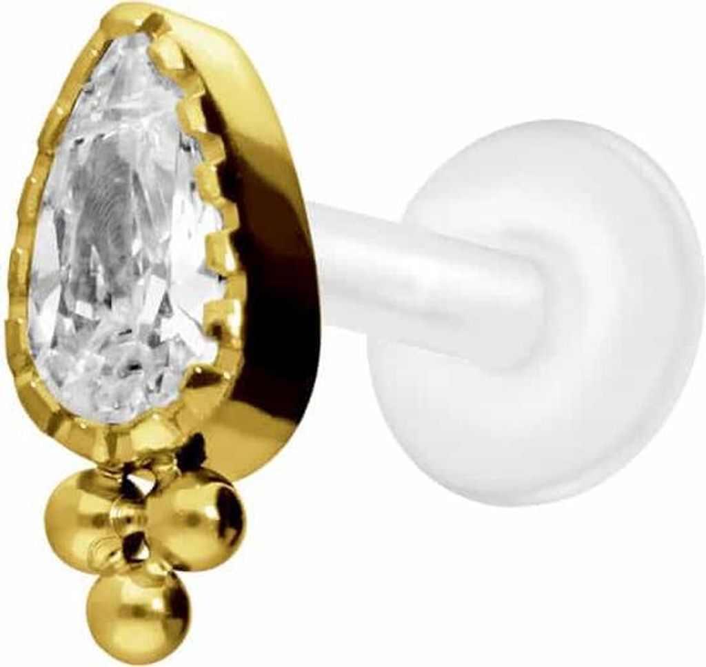 Ohrpiercing, Nasenpiercing PTFE Labret mit Innengewinde + Titan-Aufsatz KRISTALLTROPFEN + KUGELN Gold Stablänge: 5mm | Stabstärke: 1,2mm