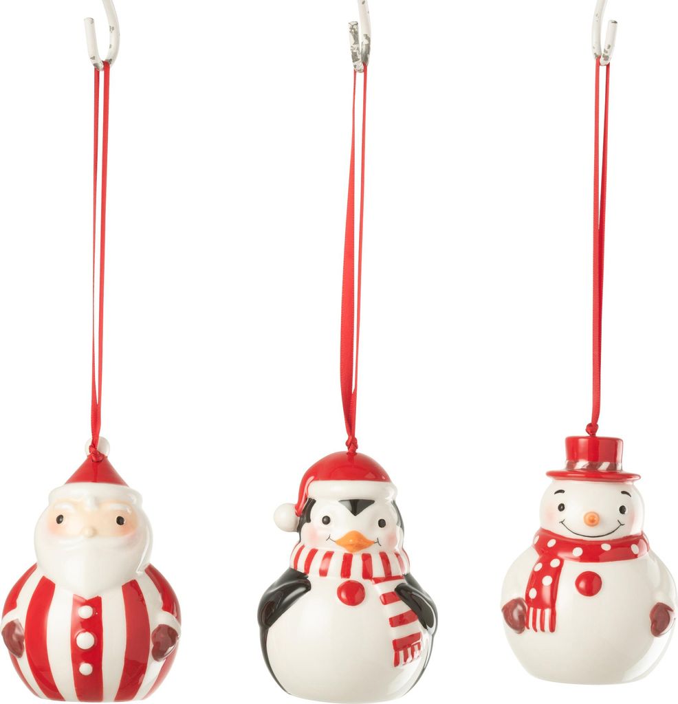 J-Line Aufhänger Pinguin + Schneemann + Weihnachtsmann Dolomit Weihnachtsrot/Weiß Sortiert 3