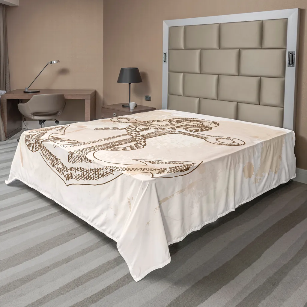 Drap de lit plat anti-pli et doux motif ancre 260x228 cm crème brun