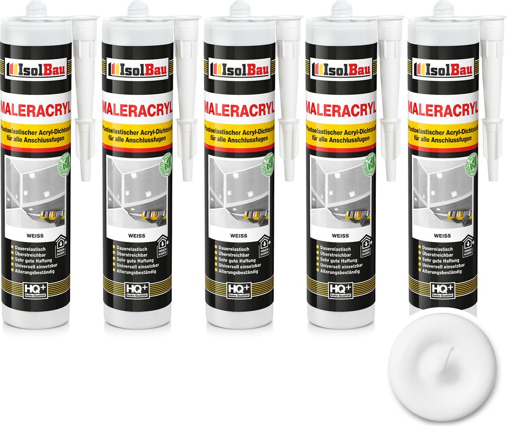 Isolbau Maleracryl 5 x 300 ml Weiß - Plastoelastischer Acryl-Dichtstoff zum Abdichten von Fugen im Innen- & Außenbereich - Kartusche