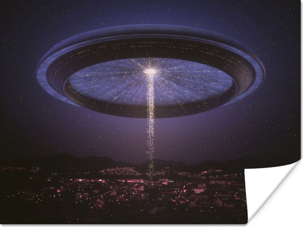MuchoWow Poster Eine Illustration eines UFOs über einer Stadt - Jungen - Mädchen - Kinder - Kind 120x90 cm - Wandbild
