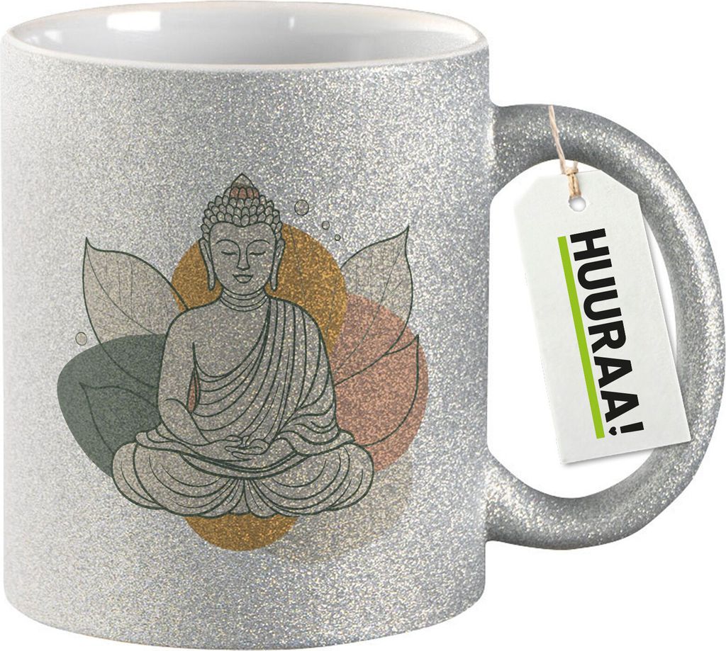 Huuraa Glitzertasse Buddha Buddhismus 330ml Silber Keramik Kaffeebecher Geschenkidee