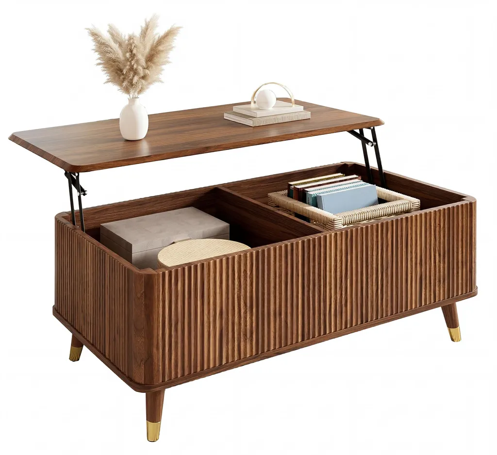 Table de salon relevable multifonction style vintage aspect noyer chic