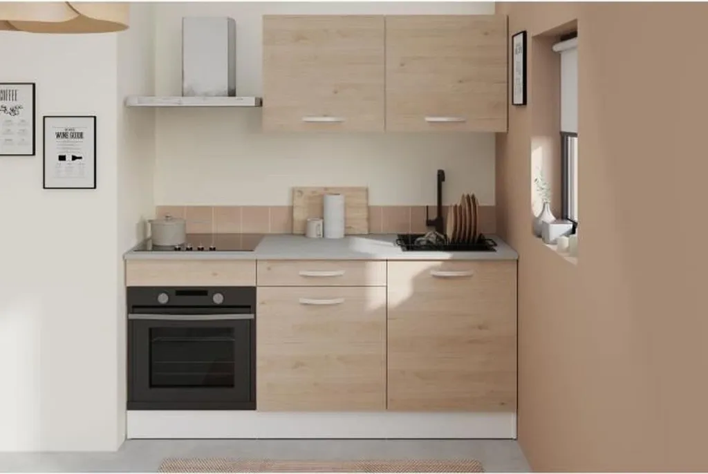 Cuisine complète 180 cm finition chêne massif - Rangement compact XL