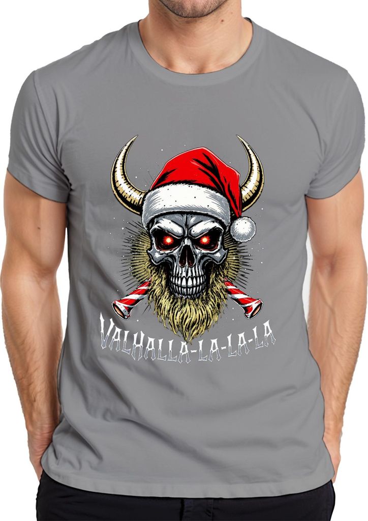 Valhalla La La La Wikinger Totenkopf Bart Santa Weihnachten Herren T-Shirt, Grau, L