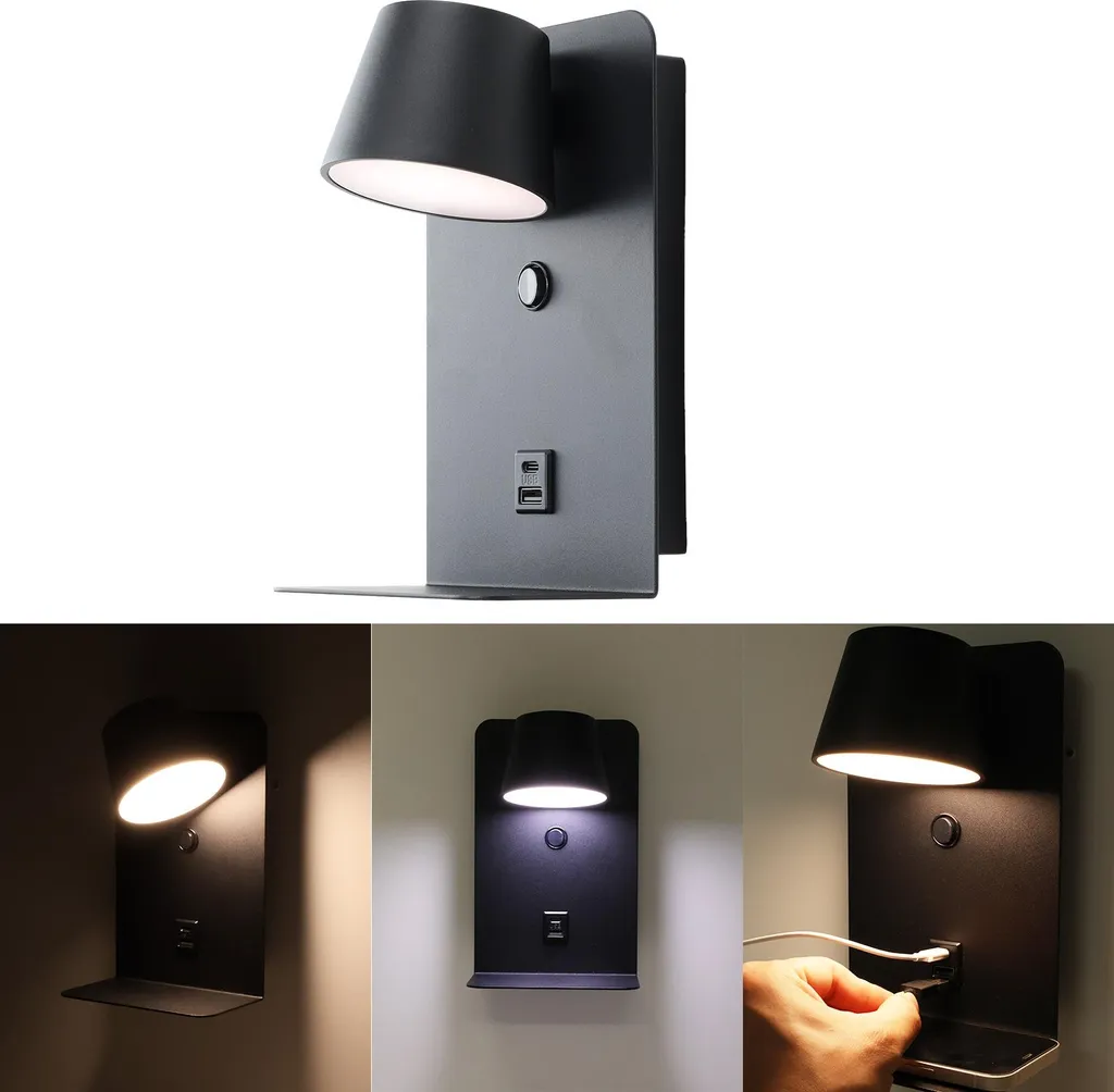 Lampe de chevet murale LED pour chambre avec chargeur de téléphone USB C