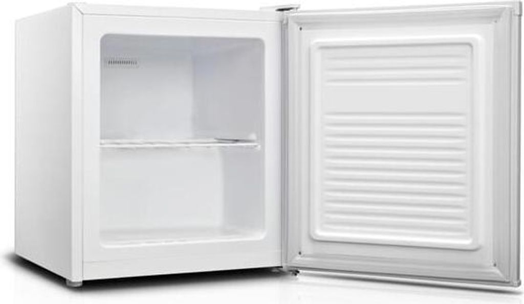 An empty white mini-refrigerator with its door open, showing the interior and the inside of the door.