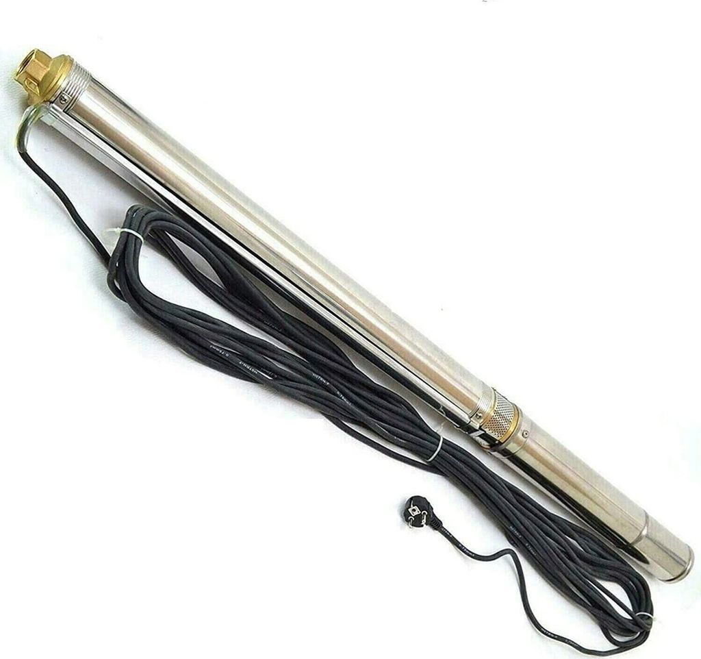 A submersible pump with a black power cord and plug, lying on a white background.