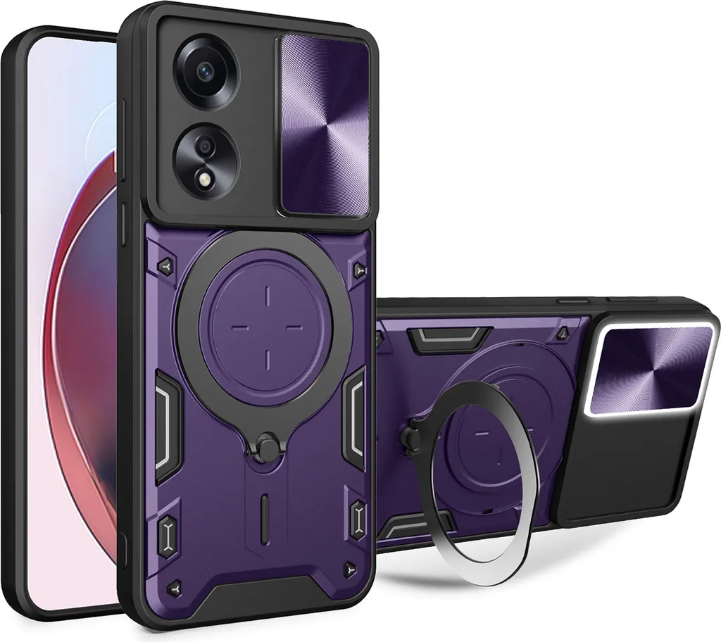 Custodia per Oppo A58 4G Custodia resistente a doppio strato con copertura della fotocamera e supporto ad anello Viola