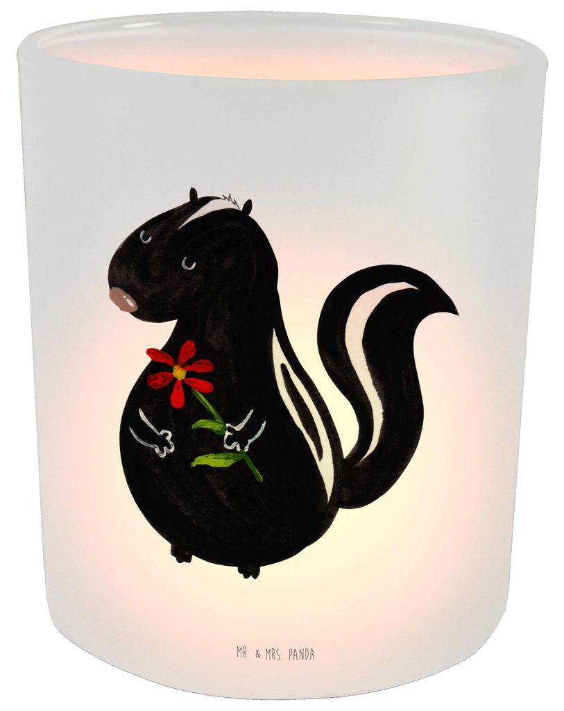Mr. & Mrs. Panda Outdoor Windlicht Stinktier Blume - Transparent - Geschenk, Kerzenhalter, Wildtier, Kerzenglas, Teelichthalter, Skunk, Glas, Raubt...