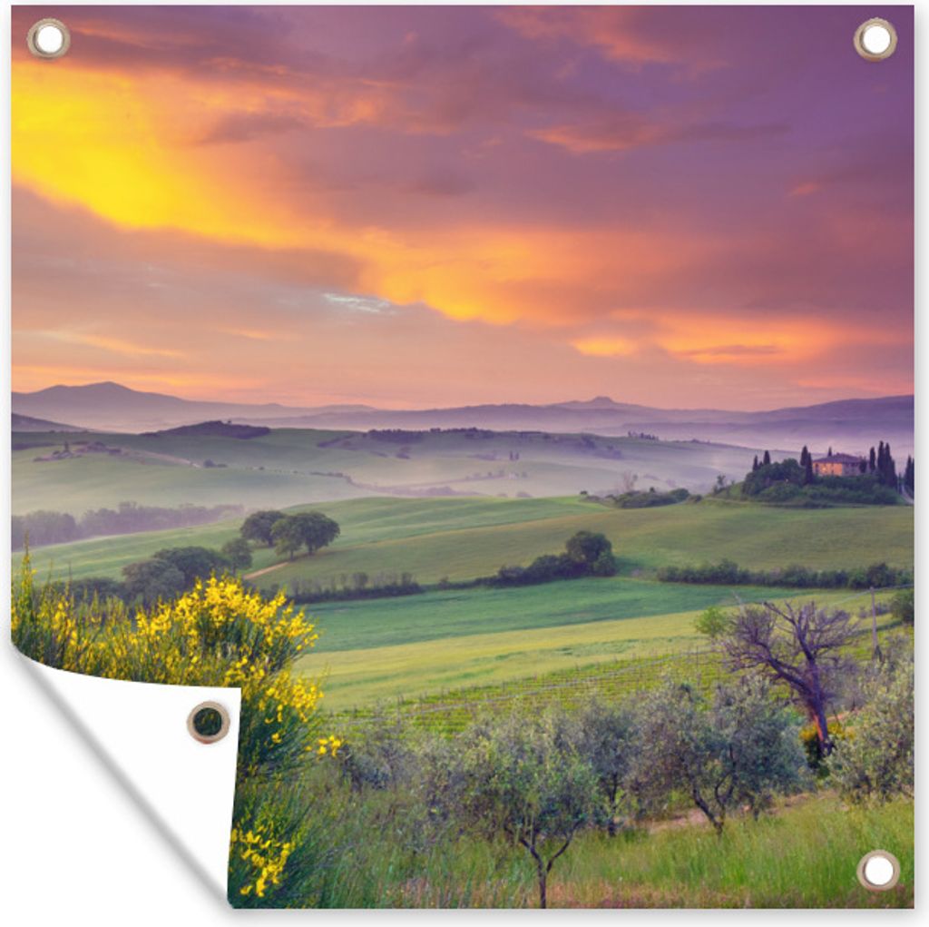 MuchoWow 100x100 cm Outdoor-Poster Gartendeko Sichtschutz Garten Poster für den Garten Landschaft - Himmel - Nebel - Toskana
