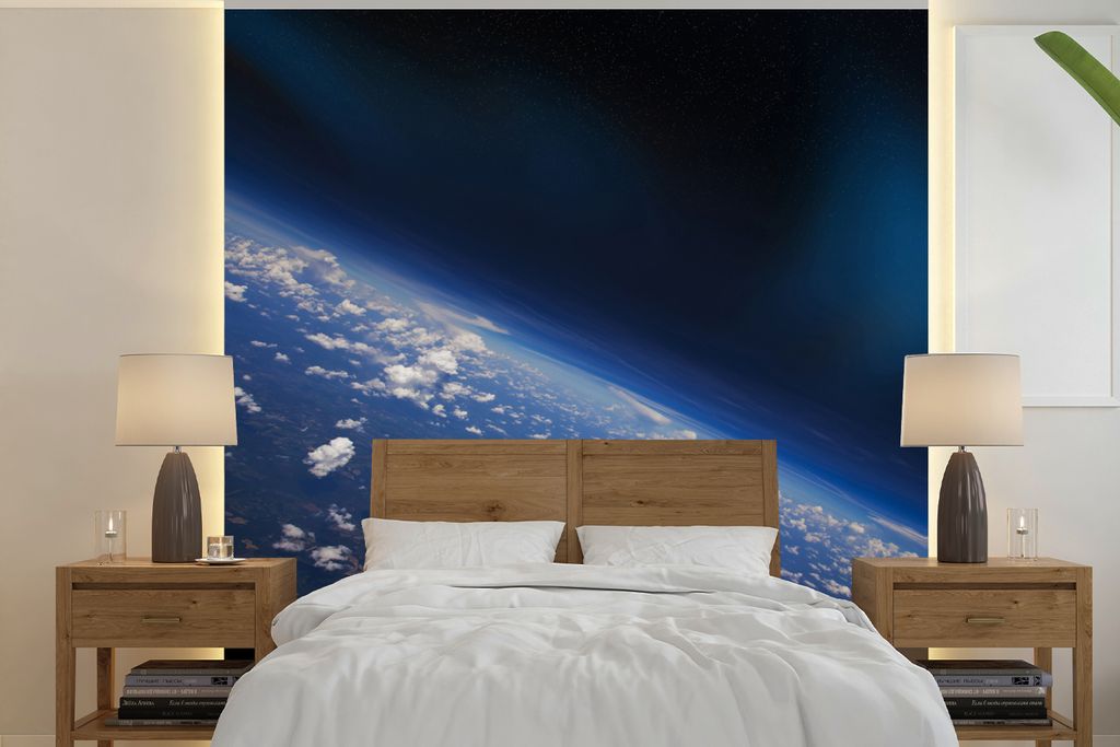 MuchoWow Fototapete für Wohnzimmer oder Schlafzimmer Wandtapete Vinyl Motivtapete Die Erde aus dem Weltraum - 220x220 cm - Tapeten