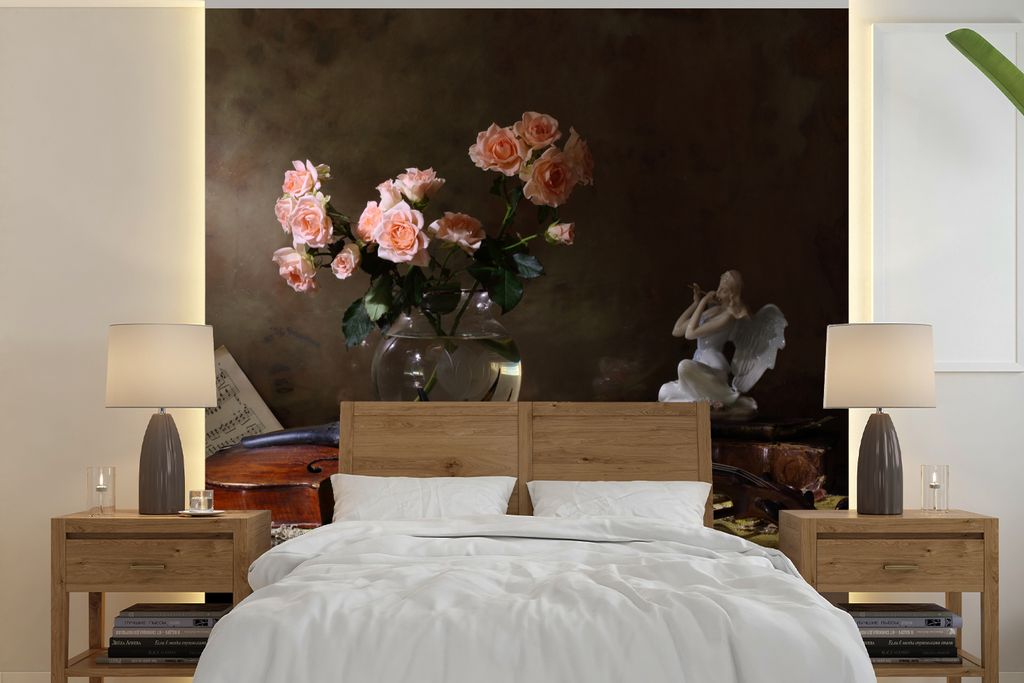 MuchoWow Fototapete für Wohnzimmer oder Schlafzimmer Wandtapete Vinyl Motivtapete Geige - Stilleben - Blumen - 350x350 cm - Schlafzimmertapete