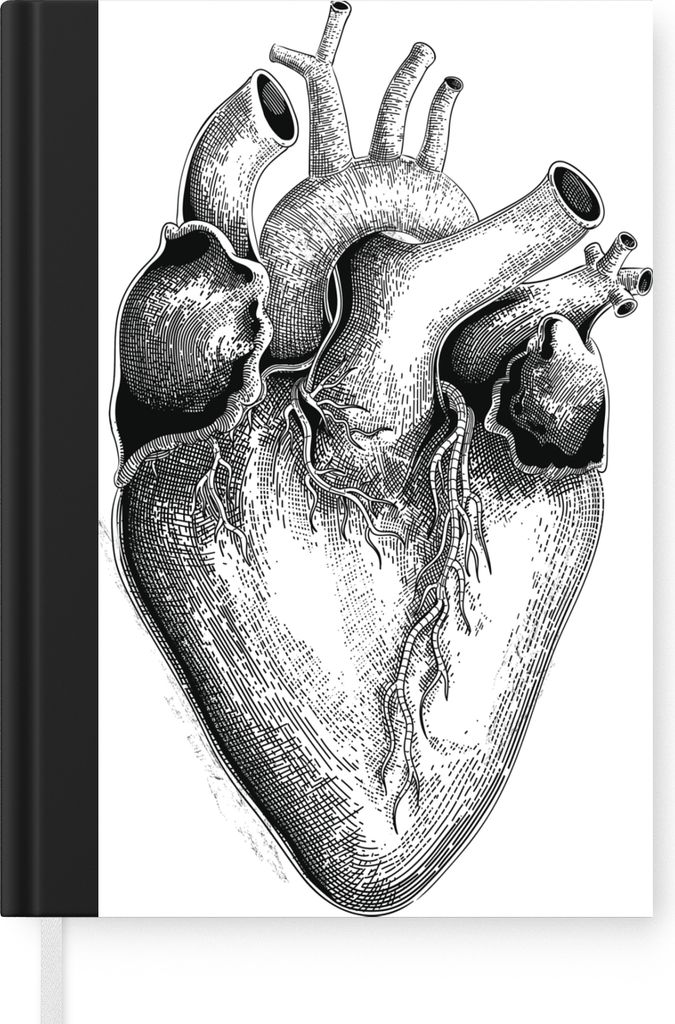 MuchoWow Notizbuch Tagebuch Haushaltsbuch Notebook A5 Eine Schwarz-Weiß-Illustration eines Herzens - Notizblock - Notizheft - Notebook - Schreib...