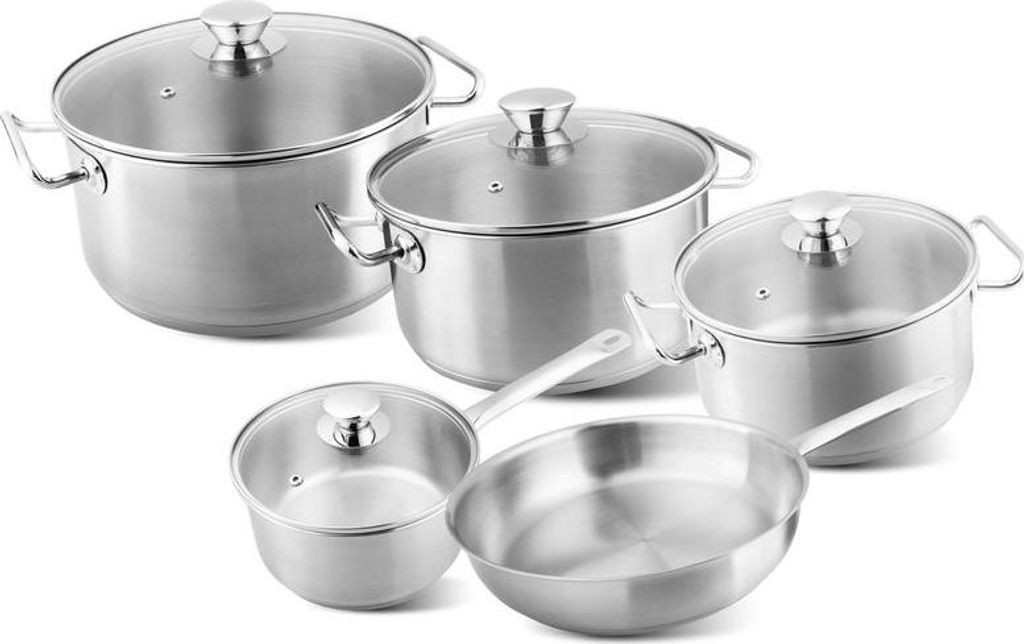 Geschirrset MagicHome Chloe, Pfanne 24 cm, 3x Kochtopf (3l, 4l und 6,6 l), Stielkasserolle 2l, mit Glasdeckel, Edelstahl, 9-teilig