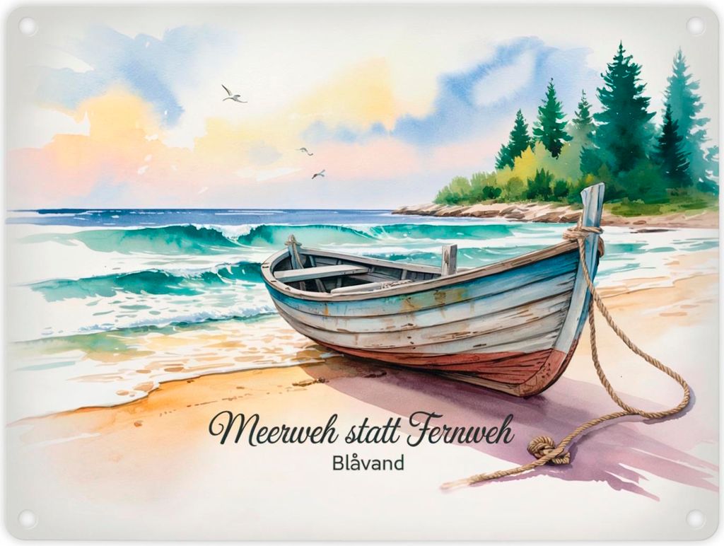Meerweh statt Fernweh Blåvand Metallschild in 15x20 cm mit Holzboot