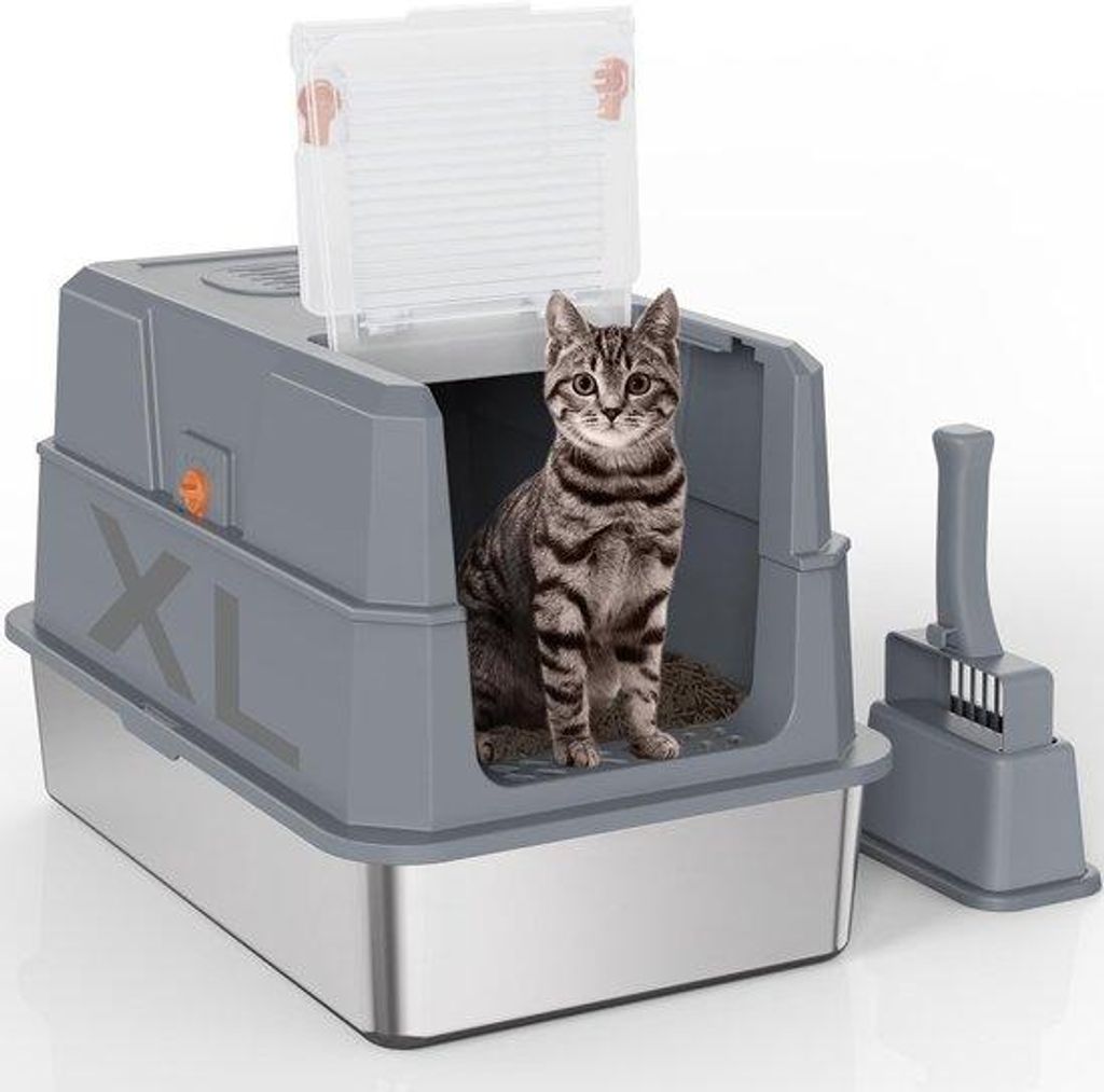 Großes Katzenklo aus Edelstahl mit 180° schwenkbarer Abdeckung, Katzenklo mit hohem Rand und Abdeckung, Katzenklo mit Aktivkohlebeutel, Edelstahl...
