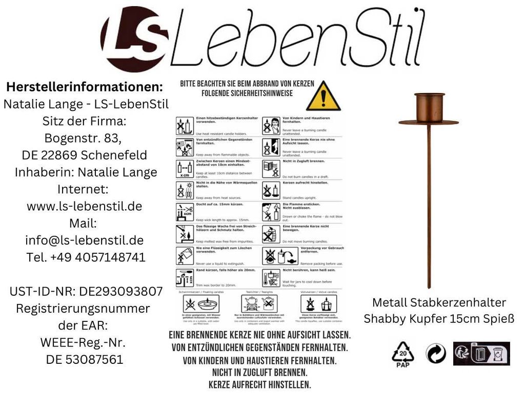 LS-LebenStil Metall Stabkerzenhalter Kupfer Braun 15cm Produktbild 2